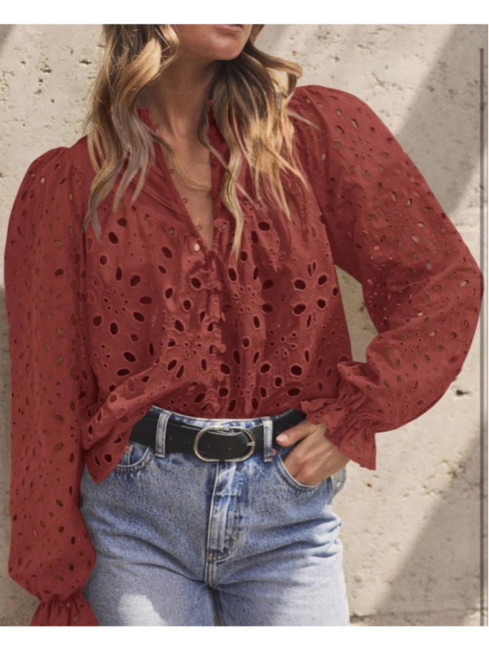 NEW Long Sleeve Button V Neck Hollow Out Lace Embroidered Shirt S - Picture 8 of 8
